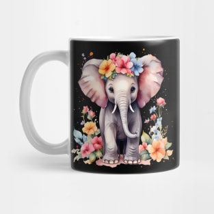 A baby elephant decorated with beautiful watercolor flowers Mug